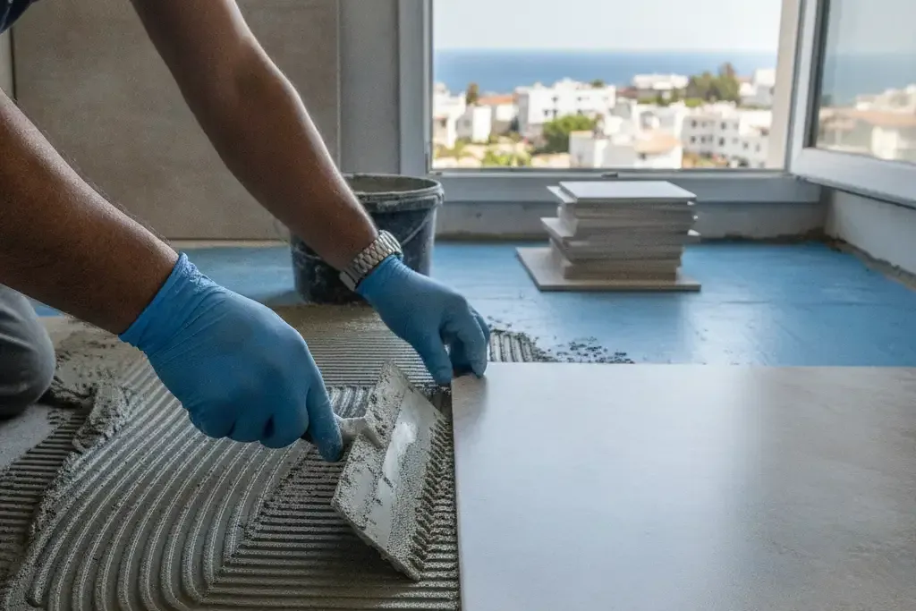 Su yalıtımı sürülmüş banyo zemini üzerinde seramik döşeyen ustanın elleri ve mala