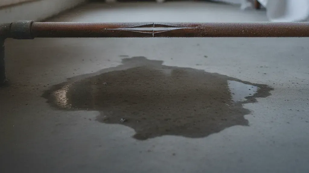 Isıtılmayan boş bir yazlıkta dikiş boyunca yarılmış bakır boru ve altındaki beton zemine yayılmış su lekesi